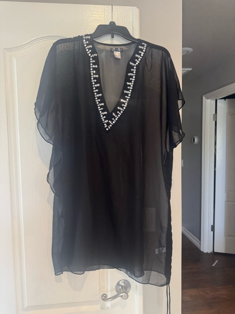 VENUS Black Sheer Beaded V-Neck Swim Coverup